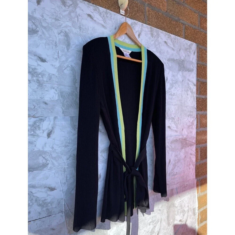Misook Ribbed Knit Belted Cardigan Lime Aqua Trim Mod Avant Basic Chic M